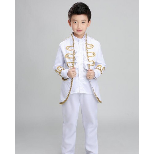 Boys European palace folk jazz dance costumes red black white minority ancient party jazz singers show dancers dancing outfits  tops and pants